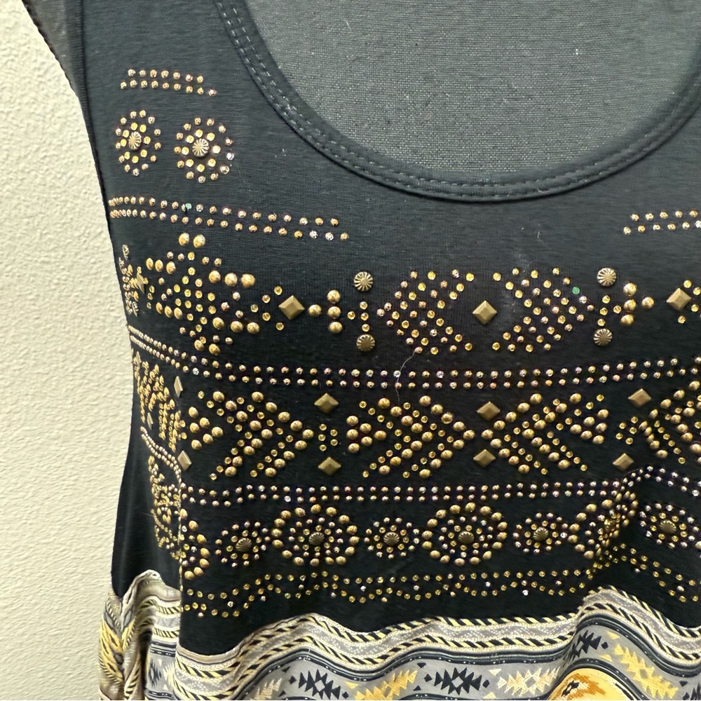 Be Vocal Black Gold Studded Boho Aztec Handkerchief Hem Tank Top L USA - Picture 2 of 9
